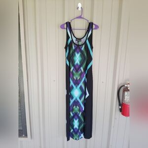 Women's Colorful Grometric Print Sleeveless Black Maxi Tank Dress Size 12